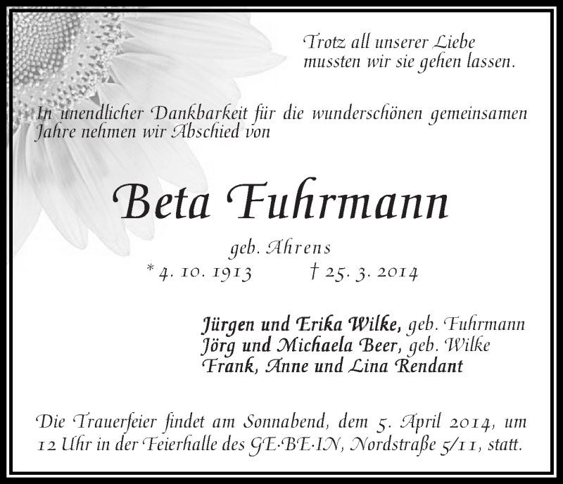 Traueranzeige von Beta Fuhrmann von WESER-KURIER