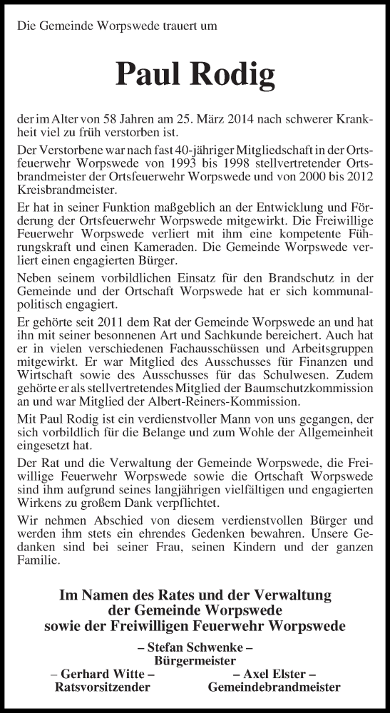  Traueranzeige für Paul Rodig vom 28.03.2014 aus Osterholzer Kreisblatt