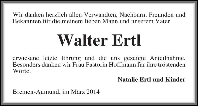 Traueranzeige von Walter Ertl von Die Norddeutsche