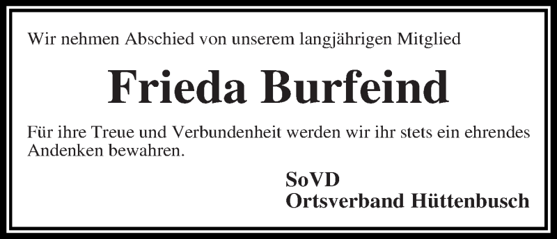 Traueranzeige von Frieda Burfeind von Wuemme Zeitung