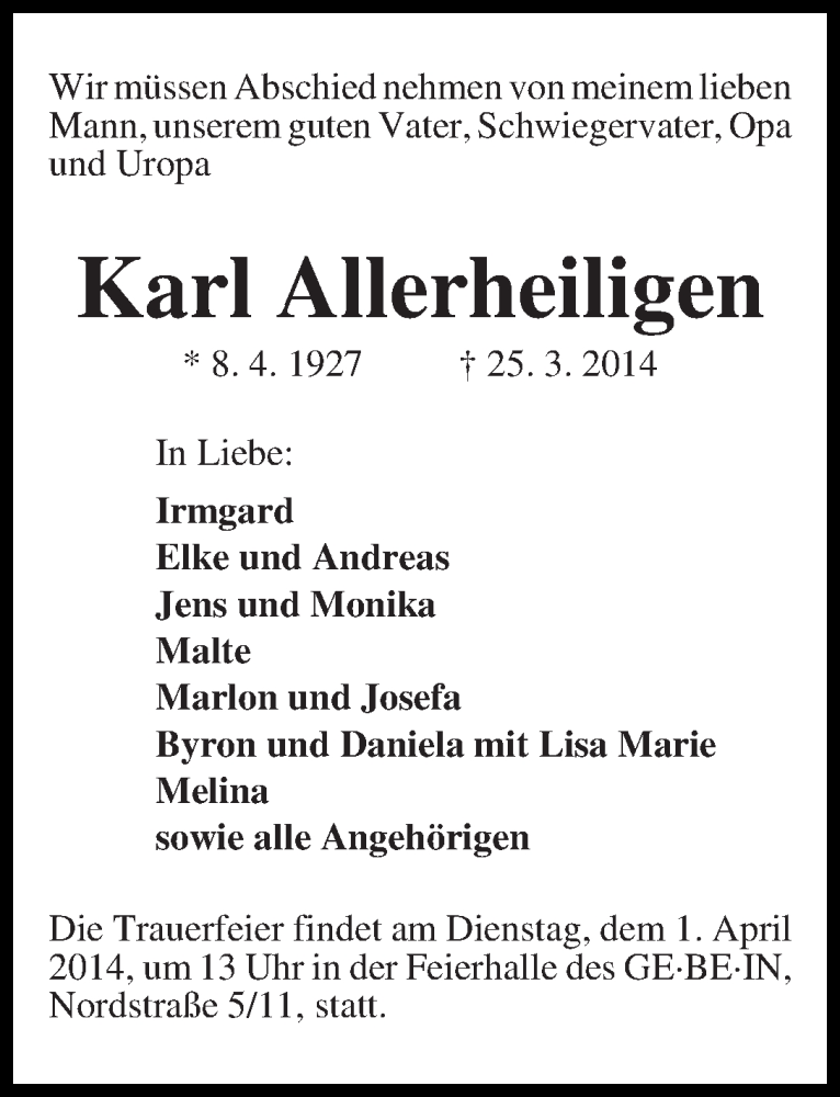 Traueranzeige von Karl Allerheiligen von WESER-KURIER