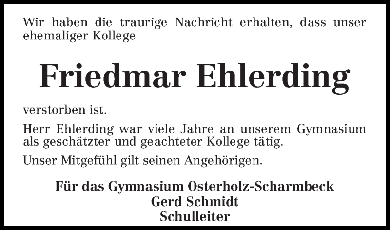 Traueranzeige von Friedmar Ehlerding von Osterholzer Kreisblatt
