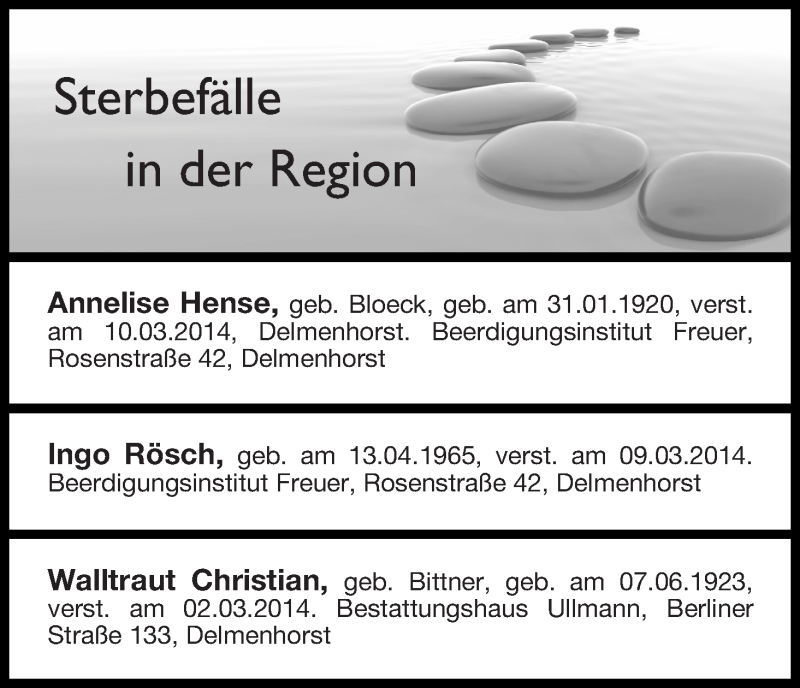Traueranzeige von Sterbefälle vom 29.03.2014 in der Region Delmenhorst von Delmenhorster Kurier
