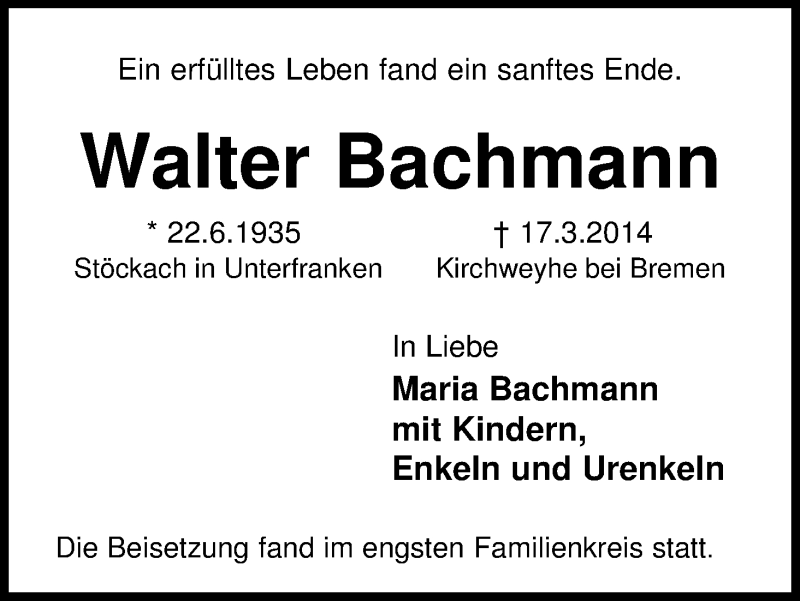 Traueranzeige von Walter Bachmann von WESER-KURIER