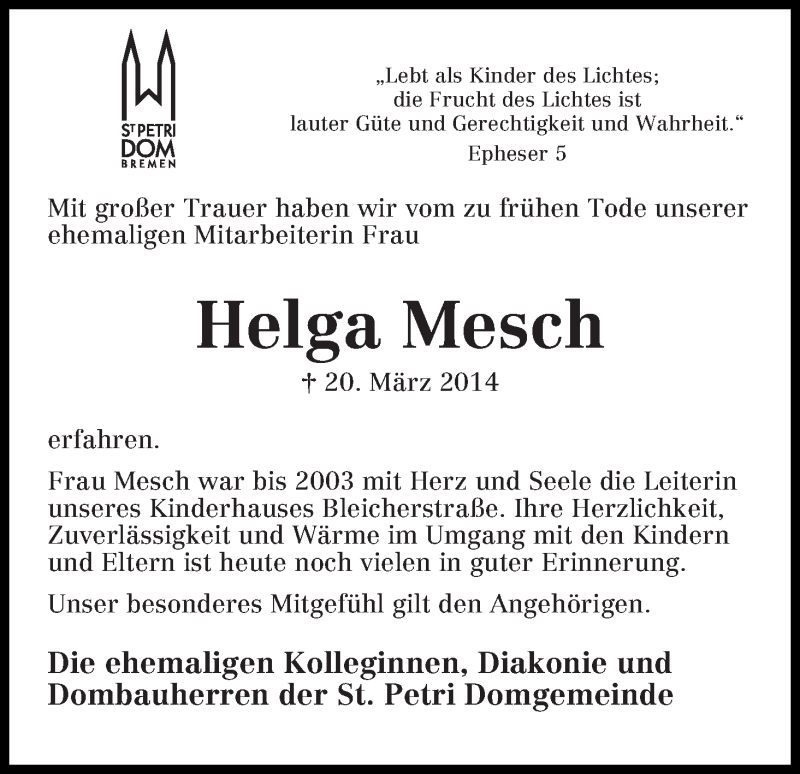 Traueranzeige von Helga Mesch von WESER-KURIER