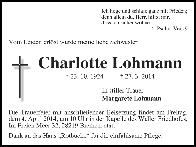 Traueranzeige von Charlotte Lohmann von WESER-KURIER