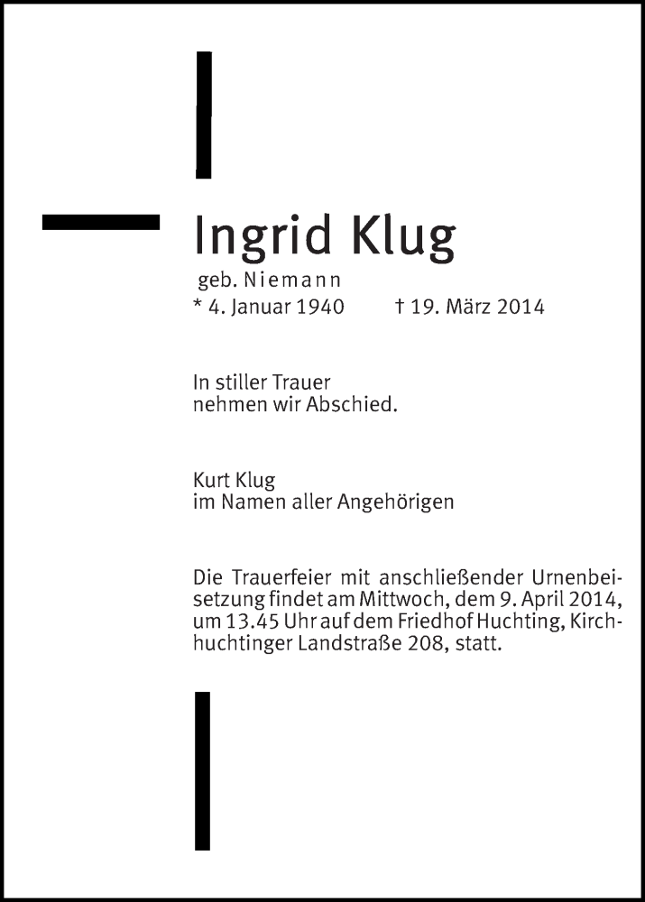  Traueranzeige für Ingrid Klug vom 02.04.2014 aus WESER-KURIER