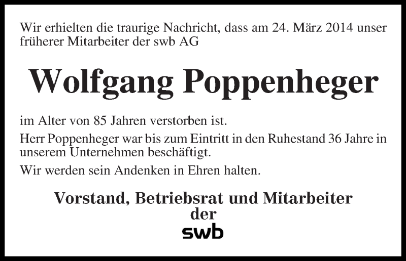 Traueranzeige von Wolfgang Poppenheger von WESER-KURIER