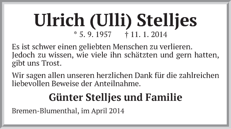 Traueranzeige von Ulrich Stelljes von Die Norddeutsche