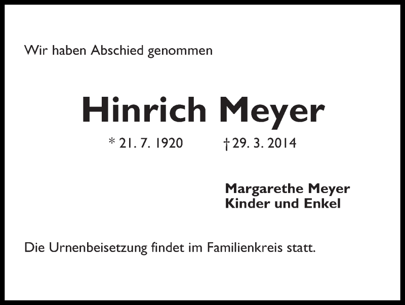 Traueranzeige von Hinrich Meyer von WESER-KURIER