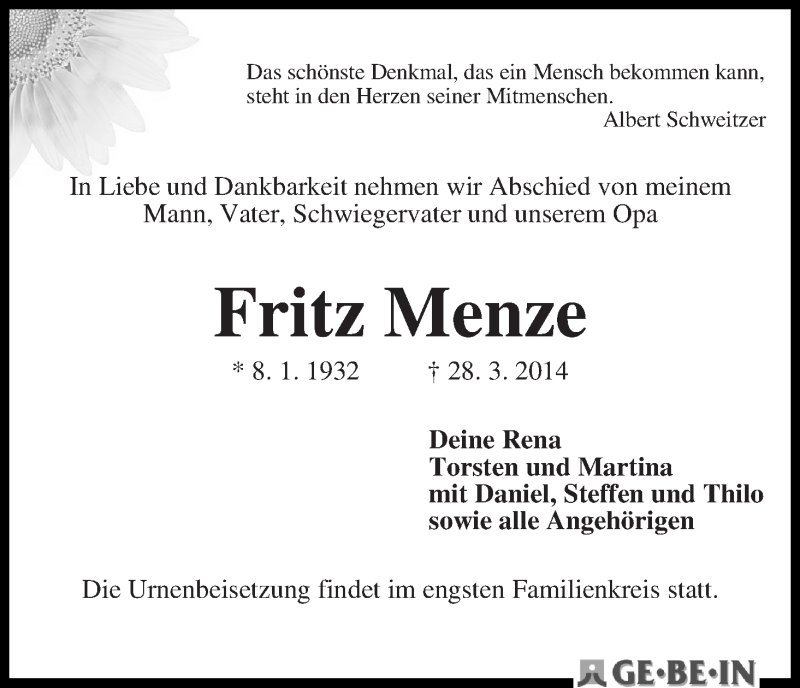 Traueranzeige von Fritz Menze von WESER-KURIER
