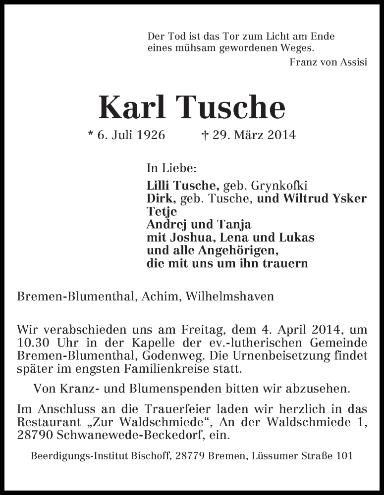 Traueranzeige von Karl Tusche von Die Norddeutsche