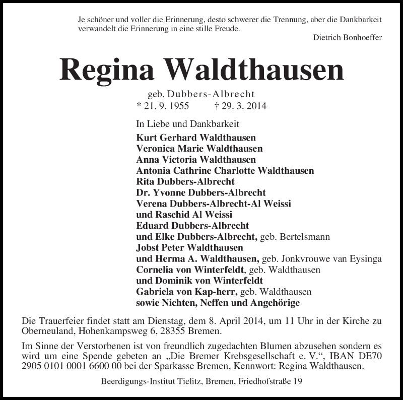 Traueranzeige von Regina Waldthausen von WESER-KURIER