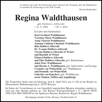 Traueranzeige von Regina Waldthausen