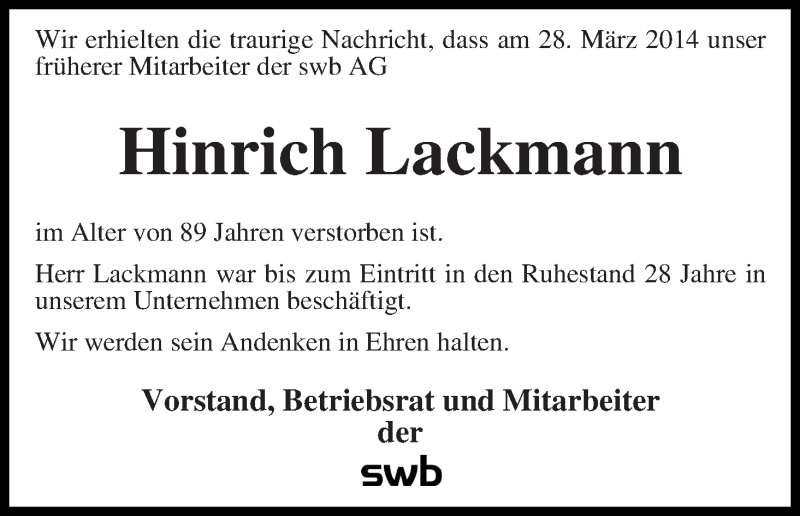 Traueranzeige von Hinrich Lackmann von WESER-KURIER