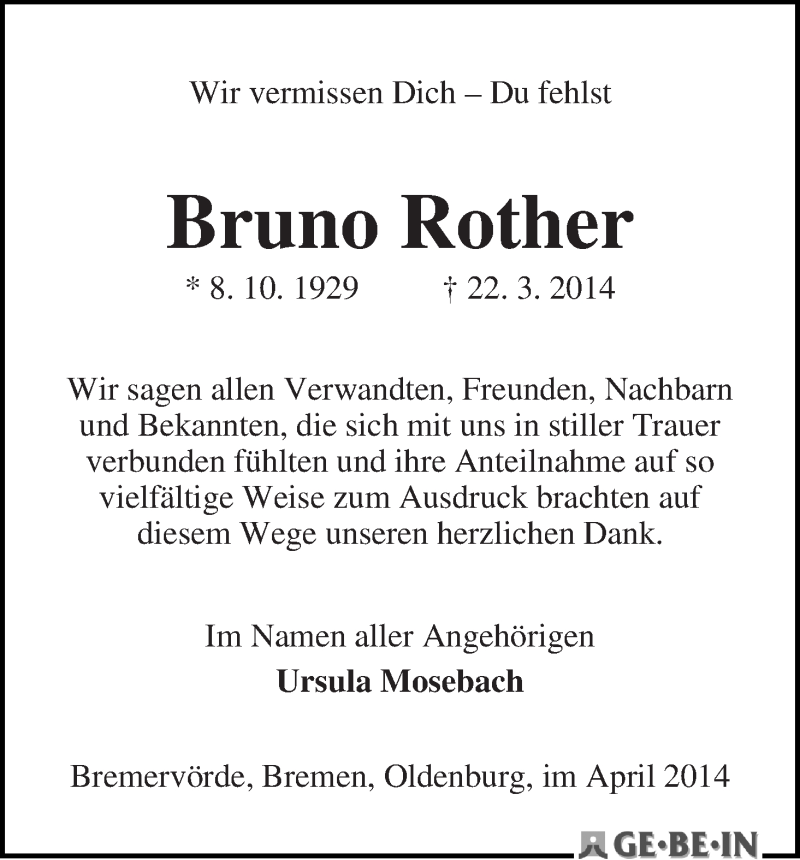Traueranzeige von Bruno Rother von WESER-KURIER