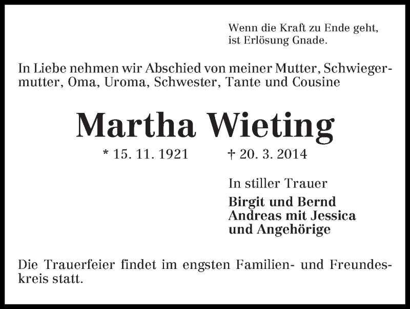 Traueranzeige von Martha Wieting von WESER-KURIER