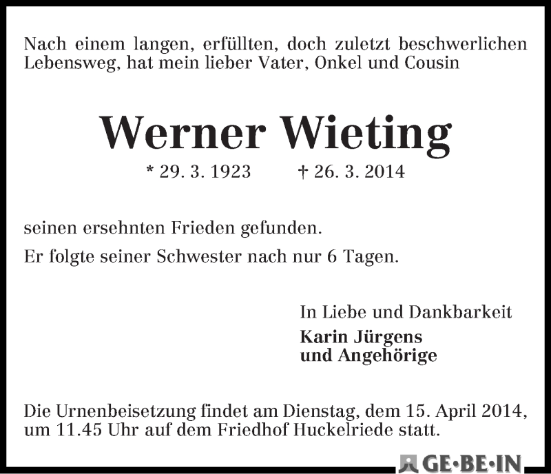 Traueranzeige von Werner Wieting von WESER-KURIER