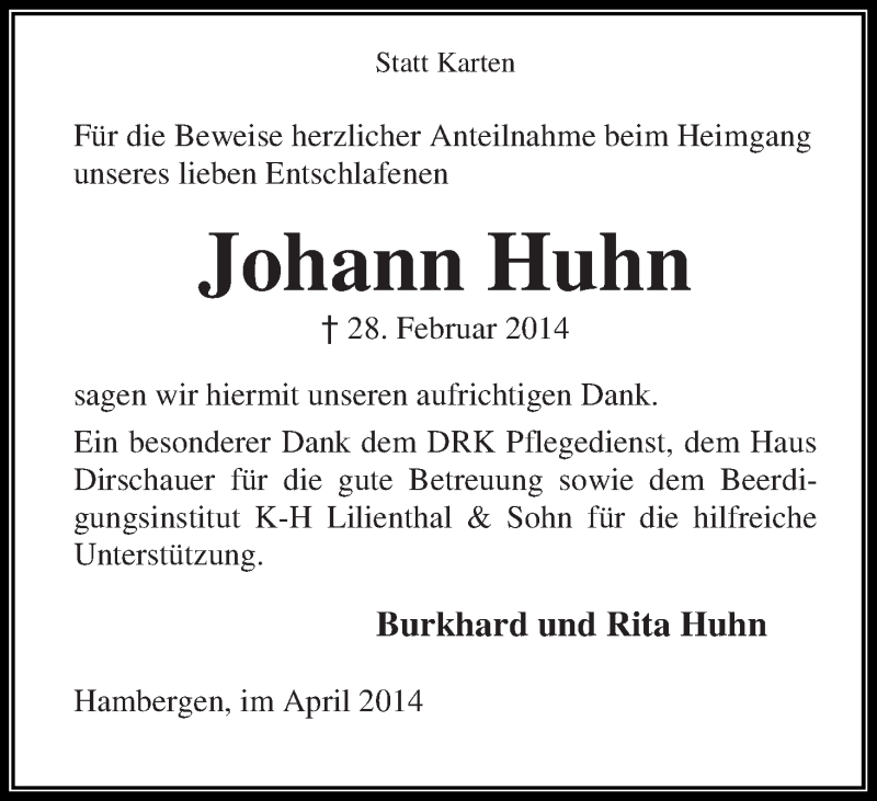 Traueranzeige von Johann Huhn von Osterholzer Kreisblatt