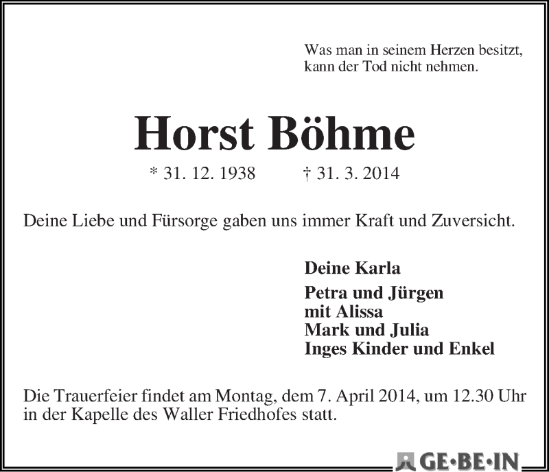 Traueranzeige von Horst Böhme von WESER-KURIER