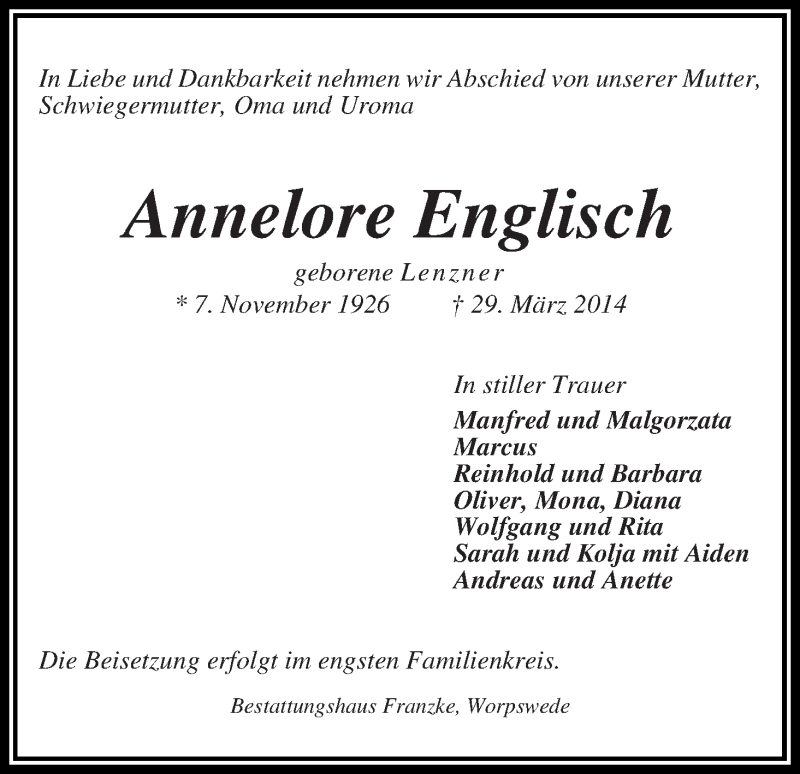 Traueranzeige von Annelore Englisch von WESER-KURIER