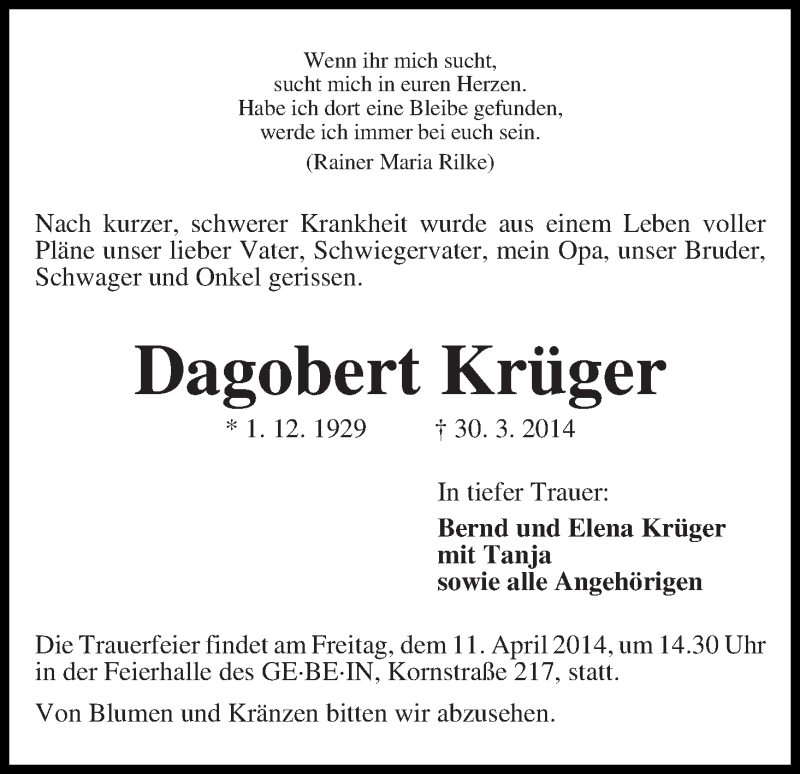 Traueranzeige von Dagobert Krüger von WESER-KURIER