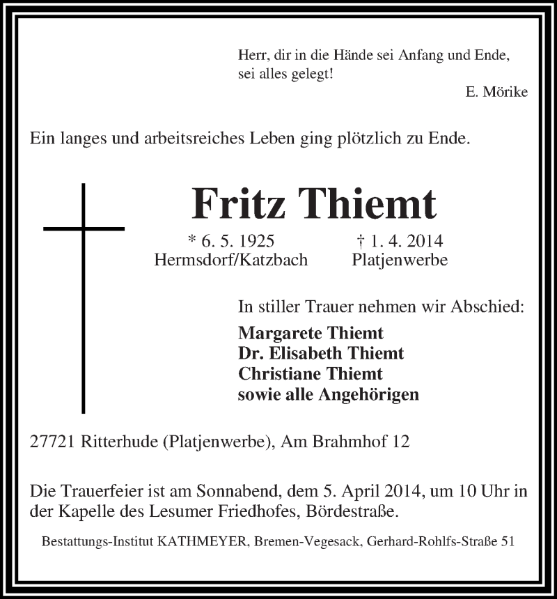 Traueranzeige von Fritz Thiemt von Die Norddeutsche