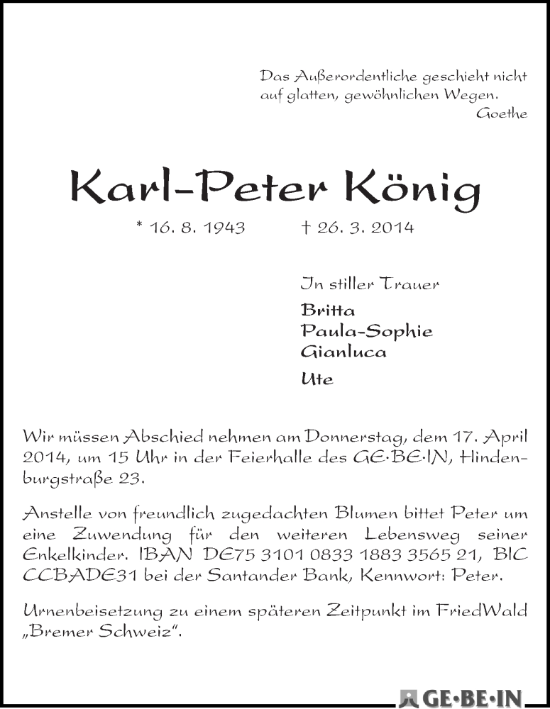 Traueranzeige von Karl Peter König von WESER-KURIER