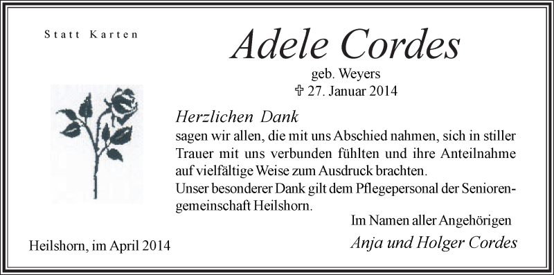 Traueranzeige von Adele Cordes von Osterholzer Kreisblatt