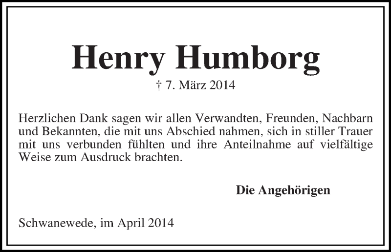 Traueranzeige von Henry Humborg von Die Norddeutsche