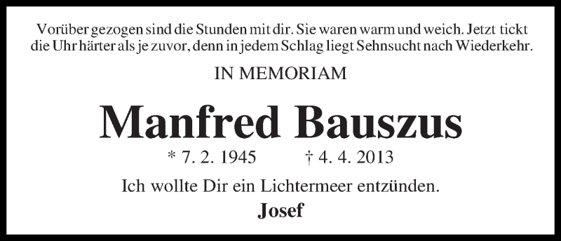  Traueranzeige für Manfred Bauszus vom 04.04.2014 aus WESER-KURIER
