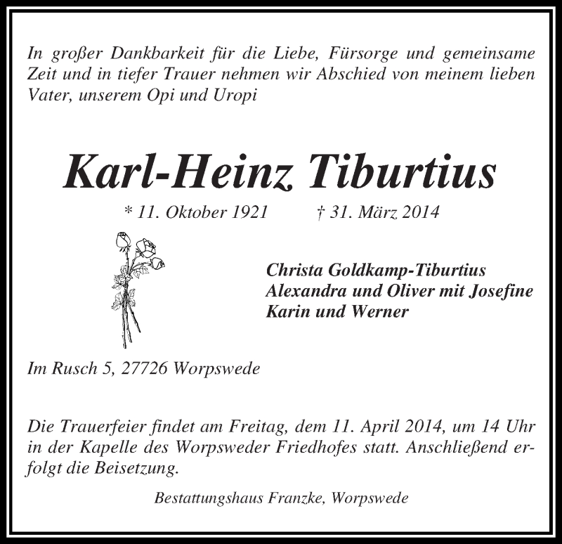 Traueranzeige von Karl-Heinz Tiburtius von Wuemme Zeitung