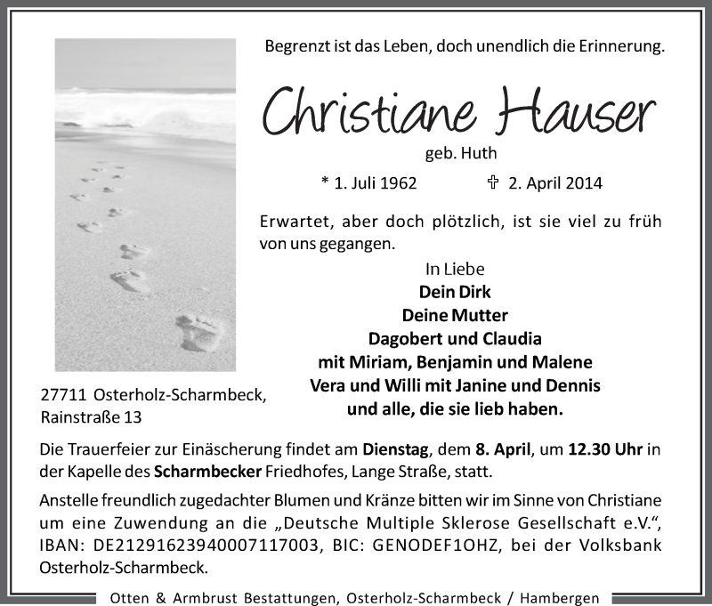 Traueranzeige von Christiane Hauser von Osterholzer Kreisblatt