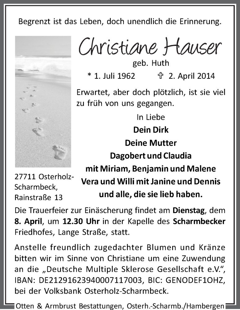 Traueranzeige von Christiane Hauser von WESER-KURIER