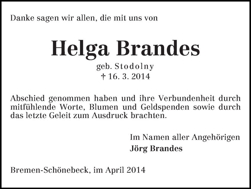 Traueranzeige von Helga Brandes von Die Norddeutsche