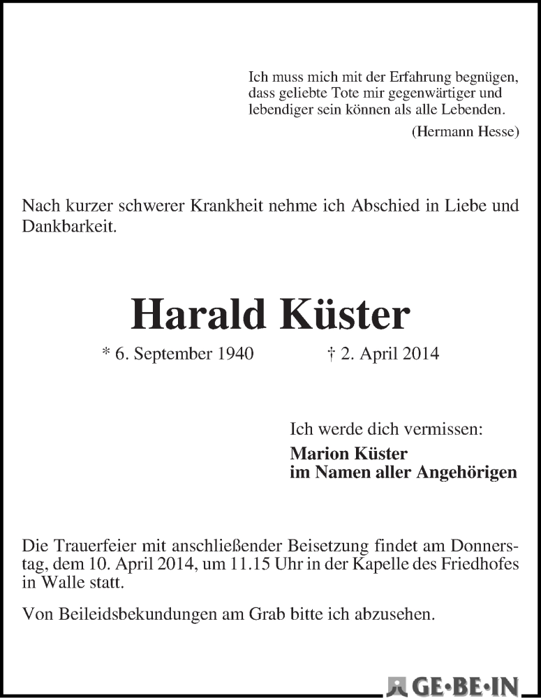 Traueranzeige von Harald Küster von WESER-KURIER