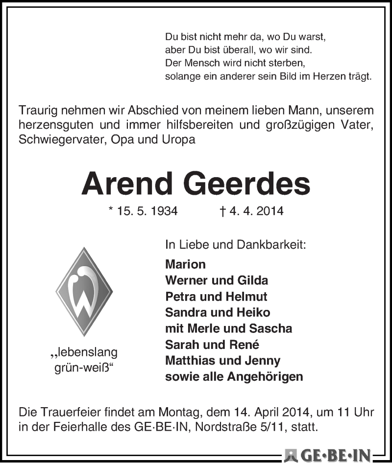 Traueranzeige von Arend Geerdes von WESER-KURIER