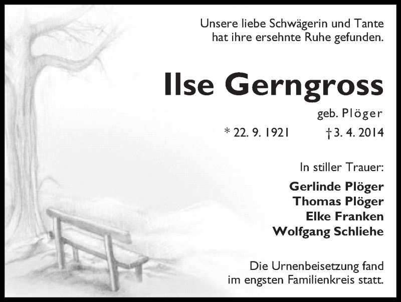 Traueranzeige von Ilse Gerngross von WESER-KURIER