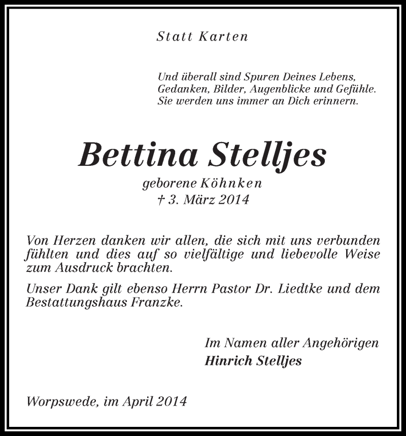 Traueranzeige von Bettina Stelljes von Wuemme Zeitung