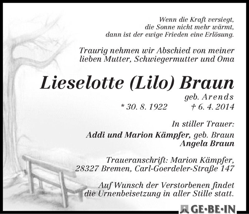 Traueranzeige von Lieselotte Braun von WESER-KURIER