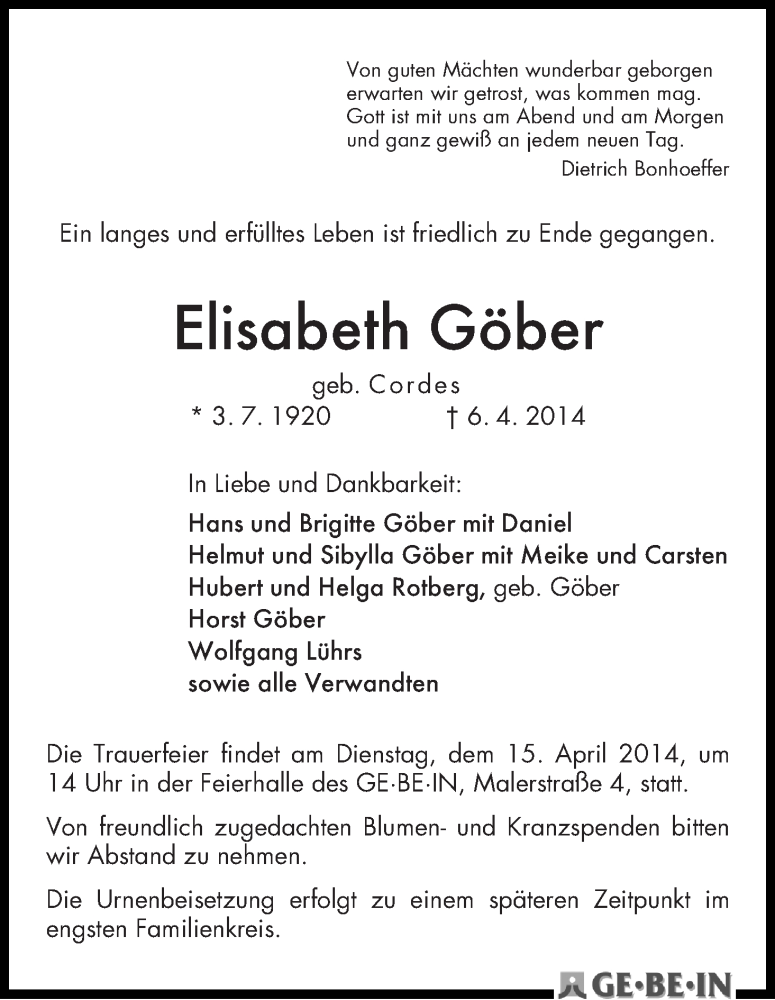 Traueranzeige von Elisabeth Göber von WESER-KURIER