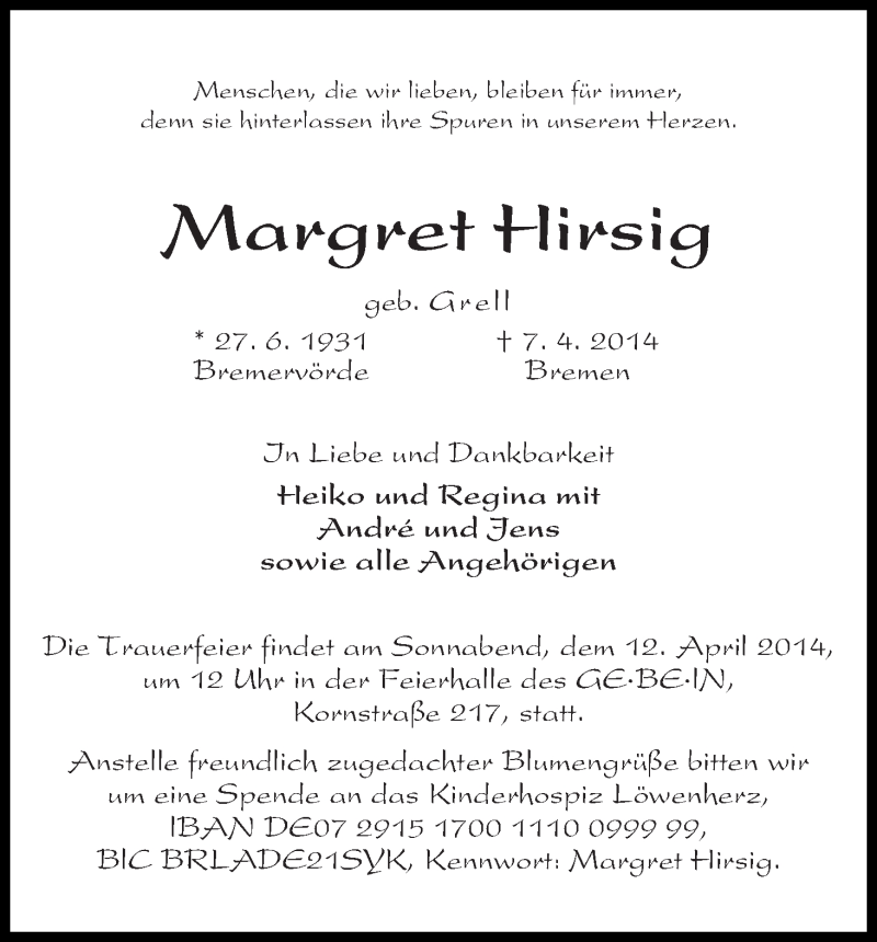 Traueranzeige von Margret Hirsig von WESER-KURIER