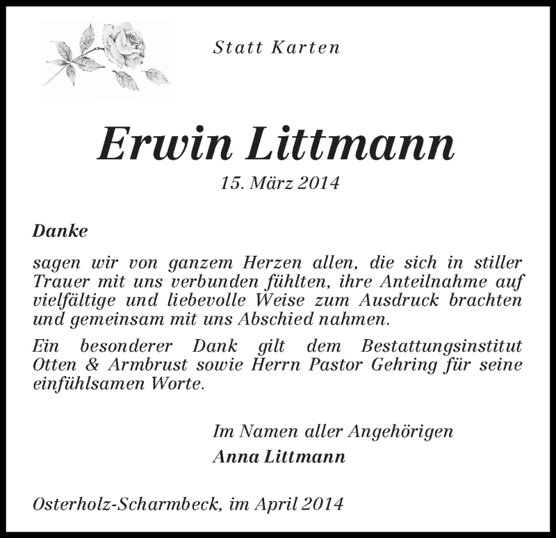 Traueranzeige von Erwin Littmann von Osterholzer Kreisblatt