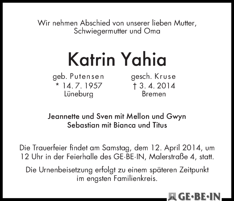 Traueranzeige von Katrin Yahia von WESER-KURIER
