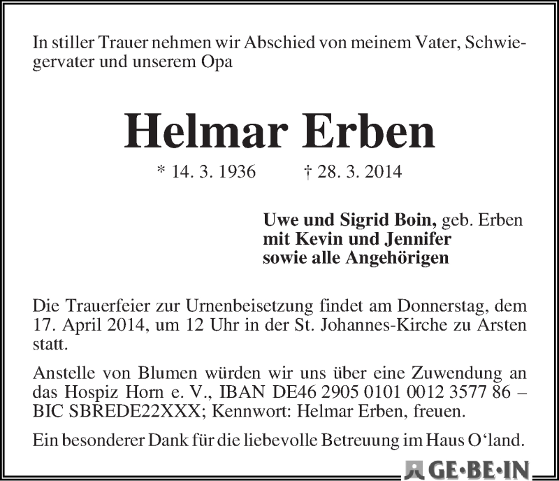 Traueranzeige von Helmar Erben von WESER-KURIER