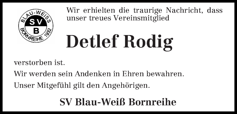  Traueranzeige für Detlef Rodig vom 10.07.2014 aus Osterholzer Kreisblatt
