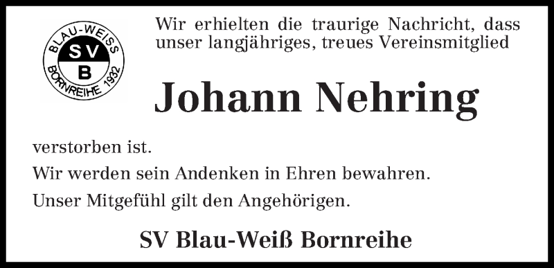 Traueranzeige von Johann Nehring von Osterholzer Kreisblatt