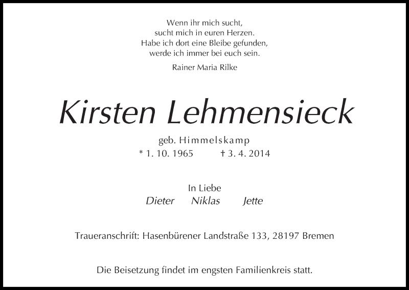 Traueranzeige von Kirsten Lehmensieck von WESER-KURIER