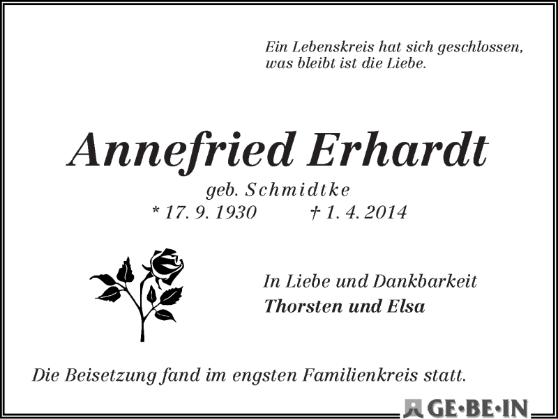 Traueranzeige von Annefried Erhardt von WESER-KURIER