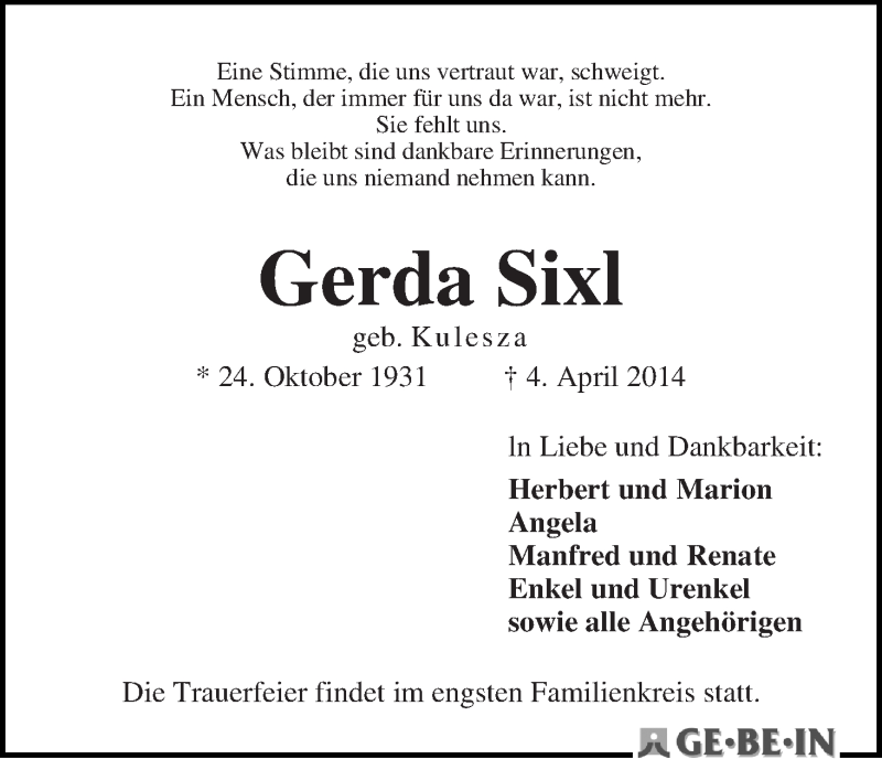 Traueranzeige von Gerda Sixl von WESER-KURIER